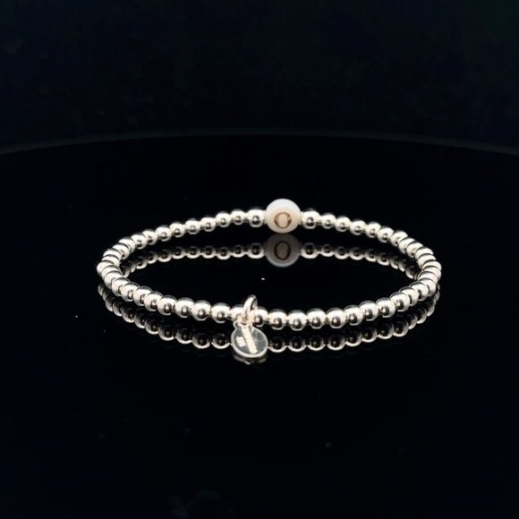 925 Sterling Silver Beaded Stretch Stacking Bracelet MOP Letter Initial O - Picture 4 of 6